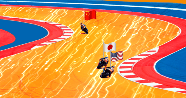 Three motorcyclists race on a brightly colored track, each carrying a national flag: China, Japan, and the United States.