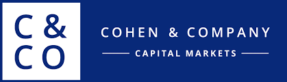 Logo with a dark blue background featuring the text C & CO in a white square on the left and Cohen & Company Capital Markets in white letters on the right.