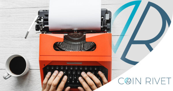 A person types on a red typewriter with a blank sheet of paper, a cup of coffee nearby, and the Coin Rivet logo overlayed in the corner.