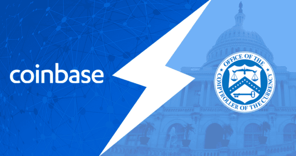 Coinbase logo on a blue network background split by a lightning bolt, opposite the Office of the Comptroller of the Currency seal over a US Capitol image.