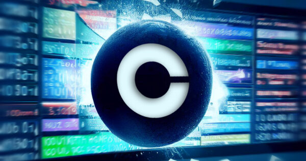 A bold copyright symbol is centered in front of a digital background showing blurred, colorful data and code.