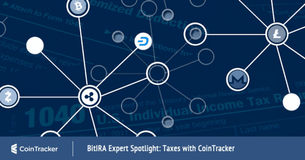 Network of cryptocurrency icons connected by lines overlays a blurred U.S. tax form, with a banner reading 
