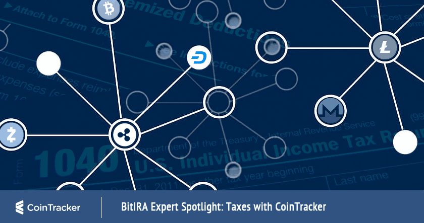 Network of cryptocurrency icons connected by lines overlays a blurred U.S. tax form, with a banner reading "BitIRA Expert Spotlight: Taxes with CoinTracker.