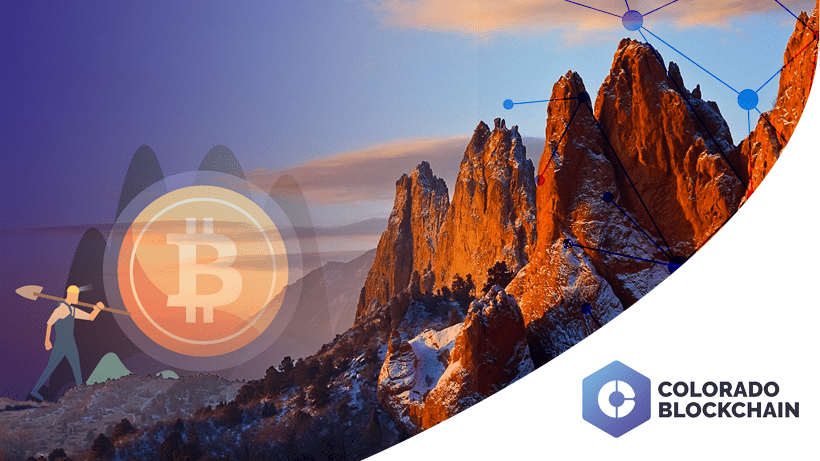 A digital image shows Colorado mountains at sunset, a Bitcoin symbol, a hiker silhouette, and the Colorado Blockchain logo in the corner.