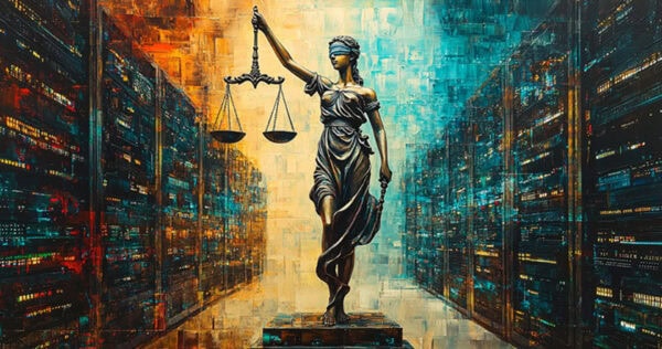 A statue of Lady Justice stands blindfolded with scales in hand, positioned between rows of illuminated computer servers in a high-tech, abstract environment.