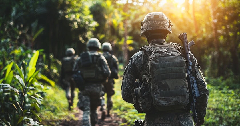 Four soldiers in camouflage uniforms and gear walk in a line through a dense, sunlit forest with weapons carried on their backs.