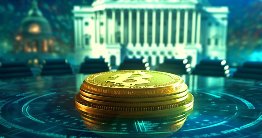 A stack of gold coins with a Bitcoin symbol sits on a glass table, with a government building blurred in the background.