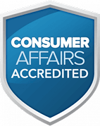 A blue shield-shaped badge with the words "Consumer Affairs Accredited" in white capital letters.