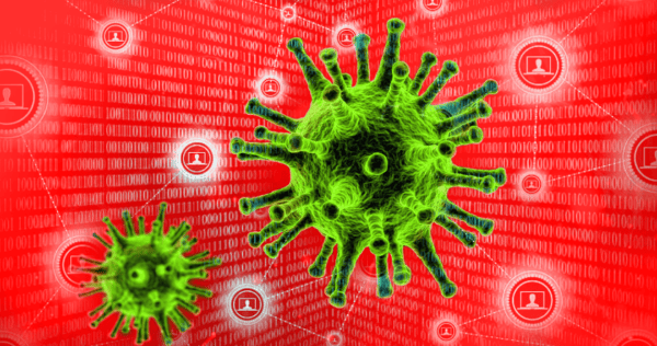 A 3D green virus model is overlaid on a red digital background with binary code and icons of computer screens, symbolizing a computer virus or cybersecurity threat.