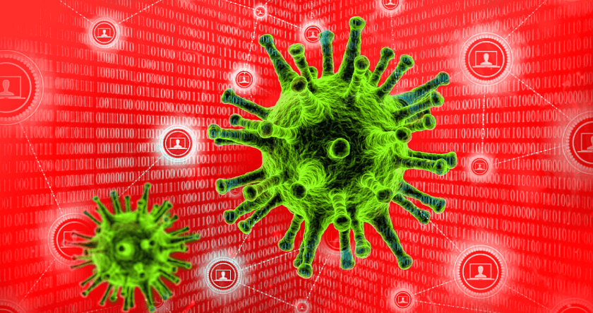 A 3D green virus model is overlaid on a red digital background with binary code and icons of computer screens, symbolizing a computer virus or cybersecurity threat.