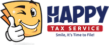 Logo for Happy Tax Service featuring a smiling, winking cartoon square giving a thumbs up. The text reads: HAPPY TAX SERVICE and Smile, It’s Time to File!.