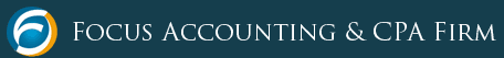 Logo for Focus Accounting & CPA Firm, featuring a stylized blue and white circular design on the left, with the company name in white text on a dark background.
