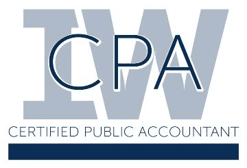 Logo with large gray letters “IW” in the background. Overlapping the letters, “CPA” is written in dark blue. Below, a blue line and the words “CERTIFIED PUBLIC ACCOUNTANT” appear in blue text.