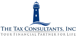Logo for The Tax Consultants, Inc. featuring a blue lighthouse with waves beneath it. Below, the tagline reads: Your Financial Partner for Life.