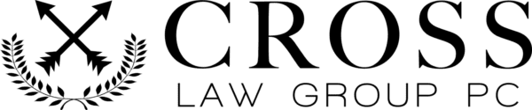 Logo for Cross Law Group PC. Black text reads “CROSS LAW GROUP PC” beside two crossed arrows with pointed tips, surrounded by a laurel wreath on the left. The design is on a white background.