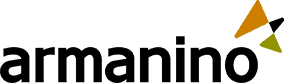 Armanino logo with the company name in lowercase black letters and an abstract design of two intersecting triangles, one orange and one green, to the upper right of the text.