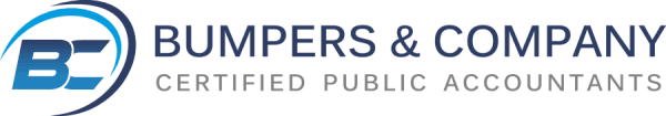 Logo for Bumpers & Company Certified Public Accountants, featuring a stylized BC in a blue circle to the left of the company name in uppercase blue letters.