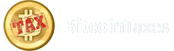 A gold Bitcoin coin with a red TAX stamp over it, next to the text Bitcoin Taxes on a light background.