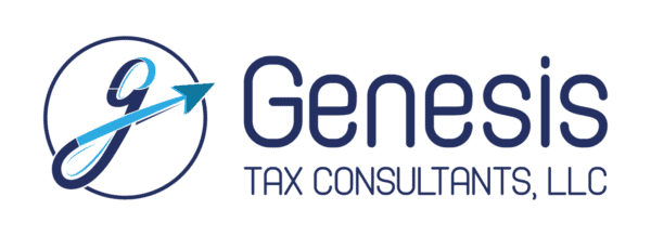 Logo for Genesis Tax Consultants, LLC. Features a stylized lowercase g inside a circle with a blue arrow through it, next to the company name in bold, modern lettering.