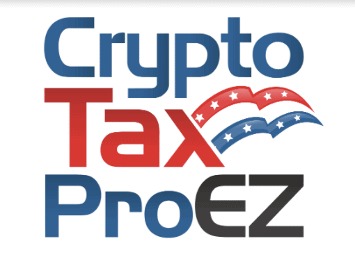 Logo with the words Crypto Tax ProEZ. Crypto and Pro are in blue, Tax in red, and EZ in black. Decorative arches with stars and stripes mimic the U.S. flag above Tax.