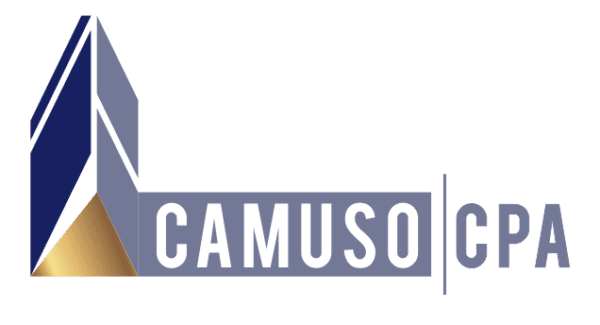 A modern logo with geometric shapes in blue, gray, and gold, forming an abstract building next to the text CAMUSO CPA in white and gray capital letters, separated by a vertical line.