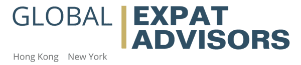 Logo for Global Expat Advisors with bold text. Hong Kong and New York are listed below, indicating locations. The design uses blue and gray text on a light background.