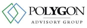 Logo for Polygon Advisory Group featuring two overlapping diamond shapes, one blue and one green, to the left of the company name in bold black text.