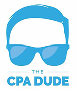 A blue logo featuring a stylized head with thick hair and sunglasses above the words The CPA Dude in bold, blue letters.