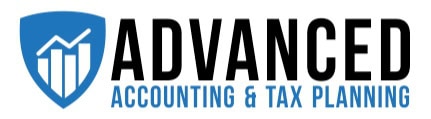Logo for Advanced Accounting & Tax Planning featuring a blue shield with a white bar chart and arrow, next to bold black and blue text stating the company name.