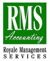 Logo for RMS Accounting, Royale Management Services. The text RMS Accounting appears in white and cursive on a green background, with Royale Management Services in black below on a white background.
