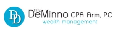 Logo of The DeMinno CPA Firm, PC. On the left, a blue circle with overlapping white letters DD. To the right, the firm’s name in black, with wealth management in light blue below.