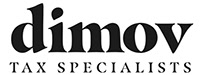 Logo for dimov tax specialists with the word dimov in large, bold black letters above the smaller text TAX SPECIALISTS in uppercase black letters.