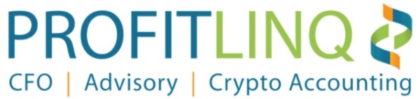 Logo for PROFITLINQ with a twisted ribbon-like design on the right. Below, the text reads: CFO | Advisory | Crypto Accounting. The word “LINQ” is in green, and other text is in blue and orange.