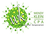 Logo for Wendy Klein CPA Professional Corporation featuring the initials wk in white and black script over a green, abstract circular design with yellow and green dots. The company name appears in green text on the right.