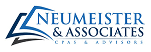 Logo for Neumeister & Associates CPAs & Advisors, featuring stylized blue and black open book graphics to the left of the company name in blue text, with a tagline underneath in light blue.