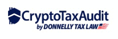Logo for CryptoTaxAudit by Donnelly Tax Law, featuring a blue shield icon on the left and a small American flag on the right side of the text.