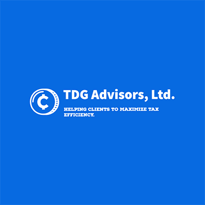 White logo for TDG Advisors, Ltd. on a blue background with a circular icon and the tagline, Helping clients to maximize tax efficiency, written in bold uppercase letters.