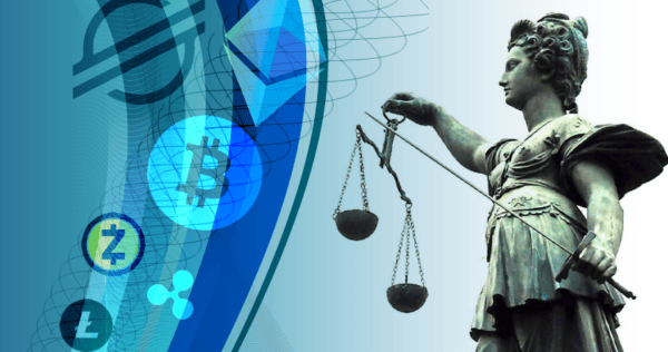 A statue of Lady Justice holding scales is shown next to various cryptocurrency symbols on a blue gradient background.