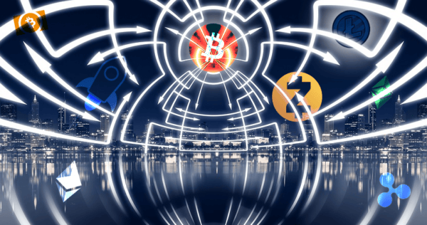 A digital illustration featuring various cryptocurrency logos connected by white lines, with a city skyline reflected in water in the background.