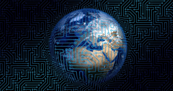 A globe overlaid with a digital circuit pattern, symbolizing global technology and interconnected networks, set against a background of circuit lines.
