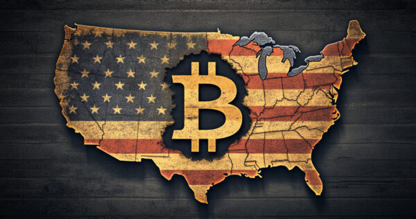 Map of the United States with an American flag pattern and a large gold Bitcoin symbol in the center.