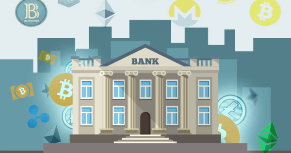Illustration of a traditional bank building surrounded by various cryptocurrency logos, including Bitcoin, Ethereum, and Ripple.