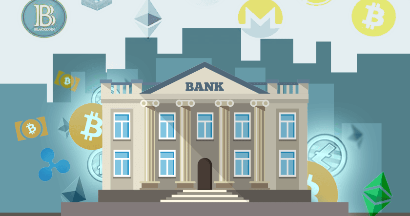 Illustration of a traditional bank building surrounded by various cryptocurrency logos, including Bitcoin, Ethereum, and Ripple.
