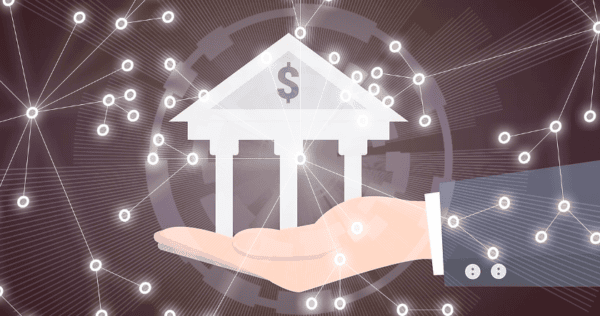 A hand holds a stylized bank icon with a dollar sign, overlaid with interconnected digital nodes symbolizing financial technology and digital banking.