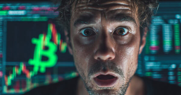A man with a shocked expression stands in front of computer screens displaying cryptocurrency charts and a large green Bitcoin symbol.