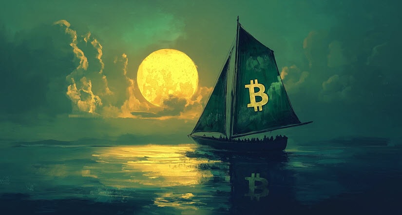 A sailboat with a Bitcoin symbol on its sail moves across calm water at sunset, with the sun low on the horizon and clouds in the sky.