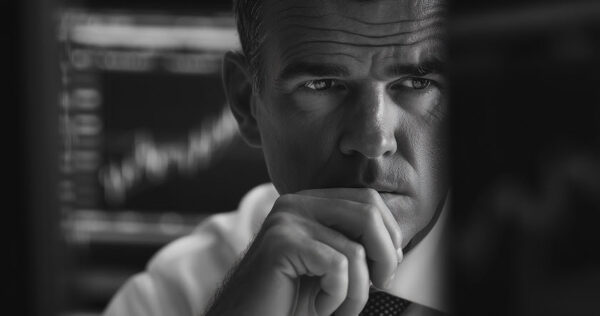 A man in a suit looks thoughtfully at computer screens displaying financial graphs and charts, appearing deep in concentration and analysis. The image is in black and white.
