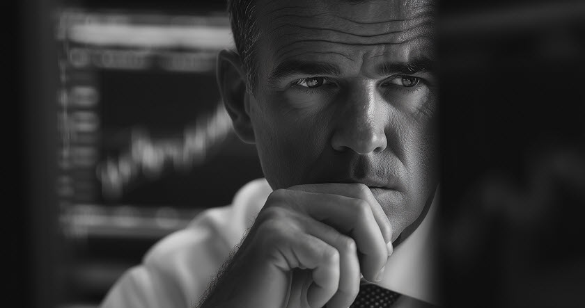 A man in a suit looks thoughtfully at computer screens displaying financial graphs and charts, appearing deep in concentration and analysis. The image is in black and white.