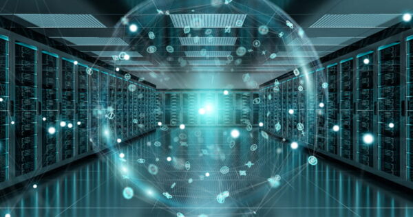 A server room with rows of computer servers; a digital sphere with network and data icons is superimposed in the center, suggesting data processing or cloud computing.