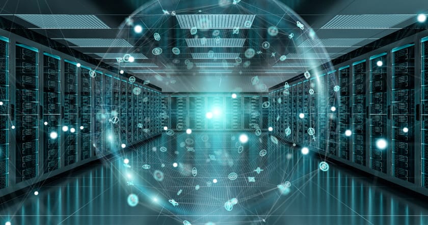A server room with rows of computer servers; a digital sphere with network and data icons is superimposed in the center, suggesting data processing or cloud computing.